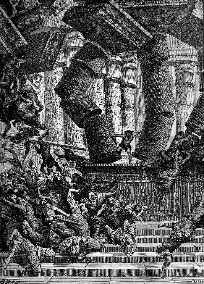 052 Judges 16 v30 Samson pushes down the Pillars