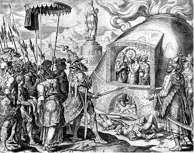 114 Nebuchadnezzar Seeing the Three Jews Unhurt in the Flames (Galle 1565)