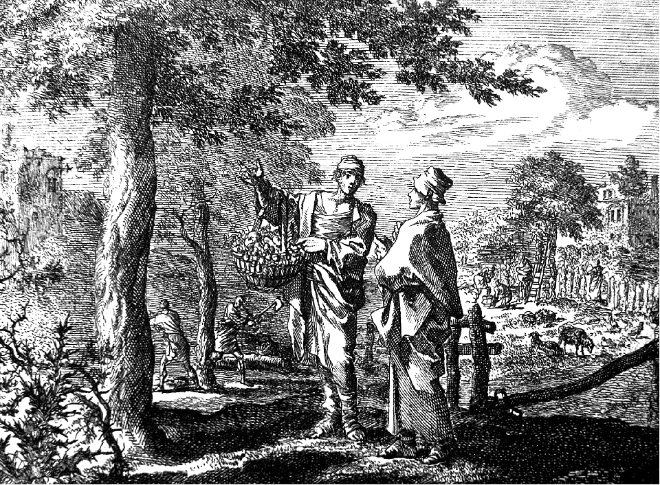 32 John the Baptist preaching - Bring forth fruit for repentance - Axe laid to root (Luyken)