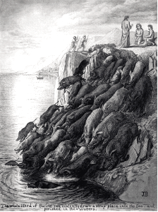 NT02 Matthew 08 v32 The whole herd of Swine ran violently down a steep place