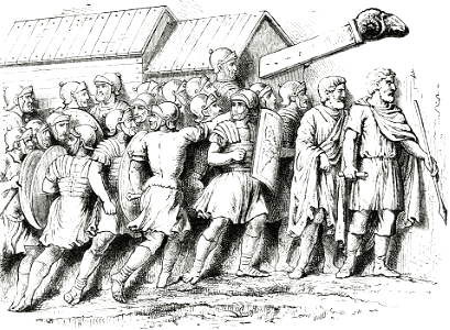 Roman Soldiers, with Battering Ram, attacking a walled City