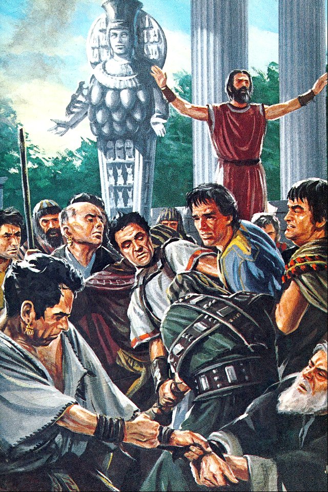 052 The Ephesus mob dragged two Christians through the streets but the town Clerk saved them (color)