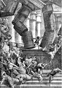 048 Judges 16 v30 Samson brings down the Pillars. Free illustration for personal and commercial use.