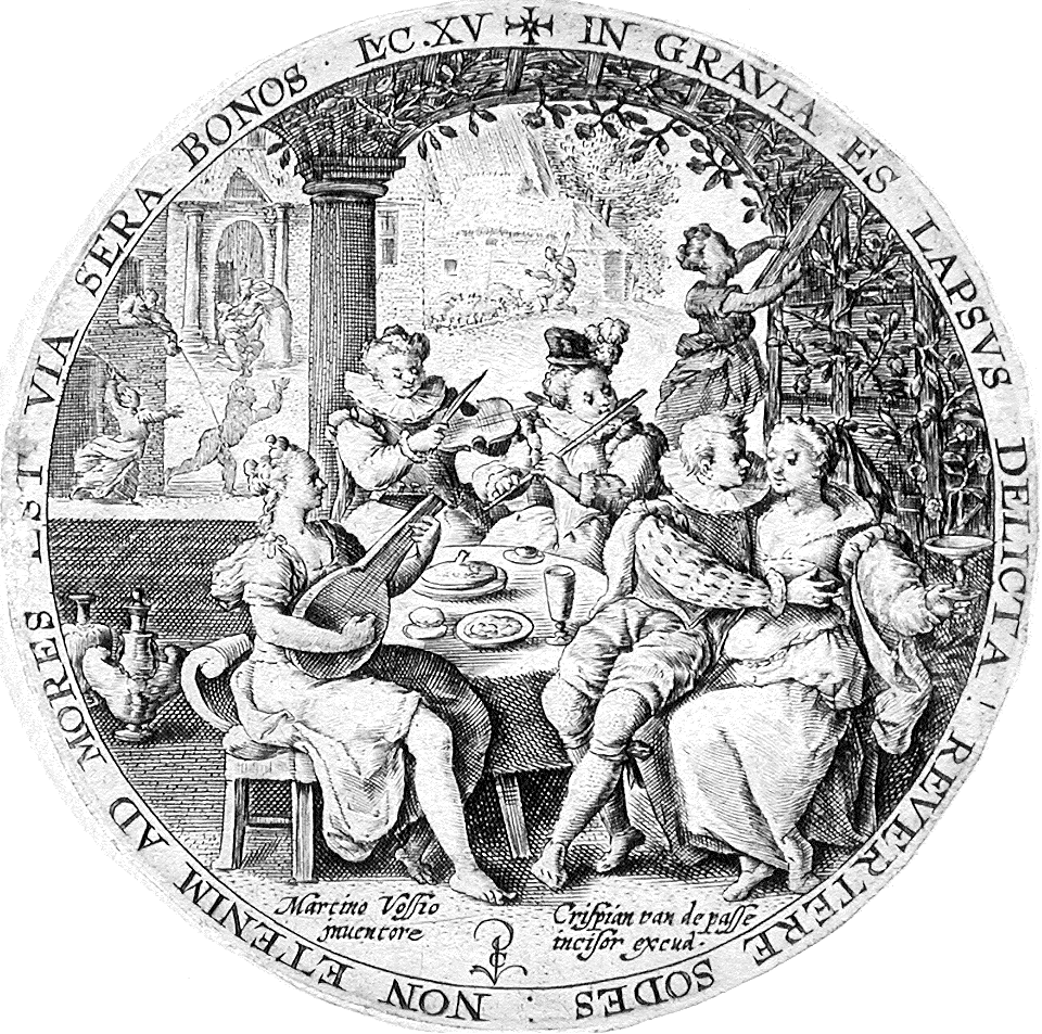 083 Scene from the Parable of the Prodigal Son - The Prodigal Feasts (van de Passe 1601)