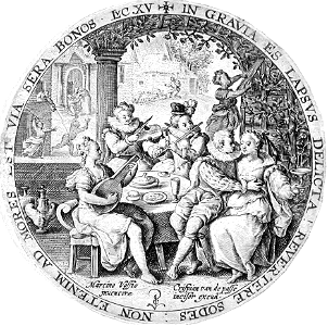083 Scene from the Parable of the Prodigal Son - The Prodigal Feasts (van de Passe 1601)