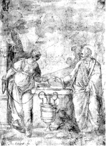 064 Christ and the Woman of Samaria at the Well (16th c). Free illustration for personal and commercial use.