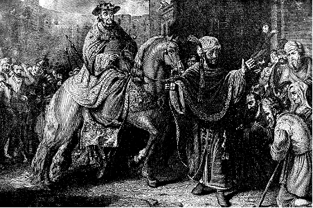 123 Esther 06 v9 Haman leads Mordecai through the Streets