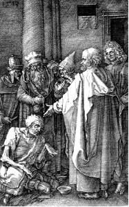 186 Peter and John Healing a Cripple at the Gate of the Temple (Dürer 1513). Free illustration for personal and commercial use.
