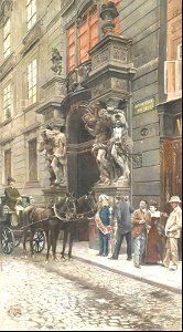 Horse-drawn carriage in front of the Clam-Gallas Palace in Prague - Oscar Rex. Free illustration for personal and commercial use.