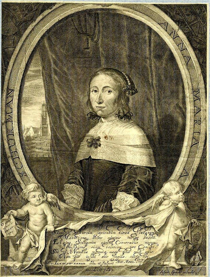 HUA-32074-Portret van Anna Maria van Schurman geboren Keulen 5 november 1607 schrijfster en dichteres te Utrecht overleden Wiewerd 5 mei 1678 Te halve lijve rec