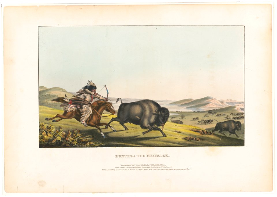 Hunting the buffaloe - drawn, printed & coloured at I.T. Bowen's Lithographic Establishment No. 94 Walnut St. LCCN2013645331