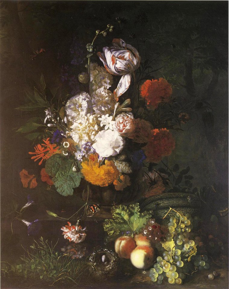 Jan van Huysum - Flower piece with fruit and turf