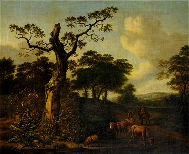 Jan Wijnants (c.1635-1684) - Extensive Wooded Landscape with Herdsmen and Cattle on a Road - 959475 - National Trust. Free illustration for personal and commercial use.