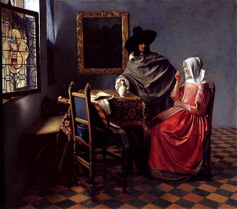 Johannes Vermeer - A Lady Drinking and a Gentleman - WGA24633. Free illustration for personal and commercial use.