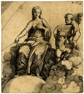 Marcantonio - A personification of Philosophy sitting on clouds with her feet resting on a globe, V,6.23