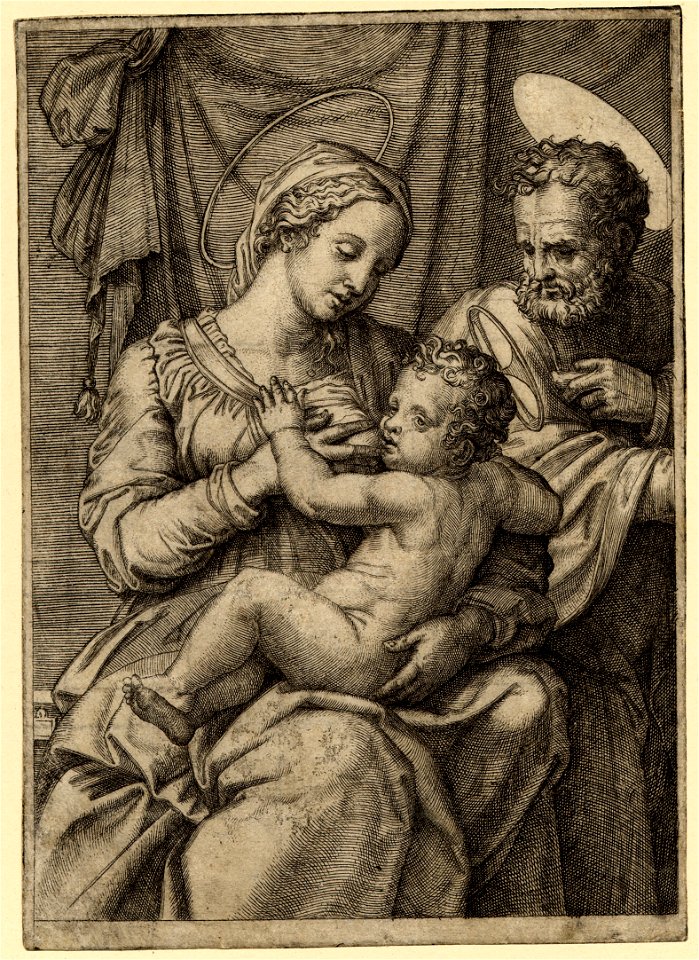 Marcantonio - The Virgin is seated and presses her right hand to her breast to express milk for the Christ Child whom she holds in her lap, 1895,0915.111