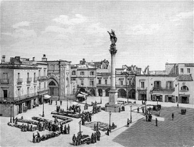 Lecce – Piazza Sant’Oronzo, in giorno di mercato (xilografia)