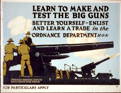 Learn to make and test the big guns - better yourself, enlist and learn a trade in the Ordnance Dept. LCCN2002699006. Free illustration for personal and commercial use.