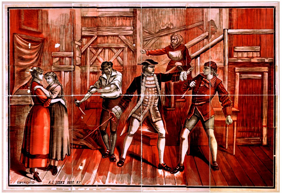 Men fighting with daggers & sword while two women stand to side and woman gestures from stairs LCCN2014637346
