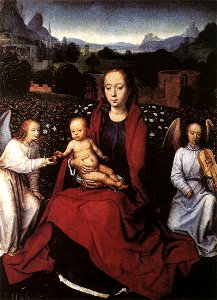 Memling Virgin and Child in a Rose Garden with two Angels