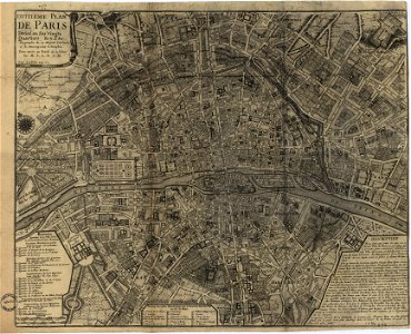 Nicolas de Fer, Huitieme plan de Paris divisé en ses vingts quartiers, 1705. Free illustration for personal and commercial use.