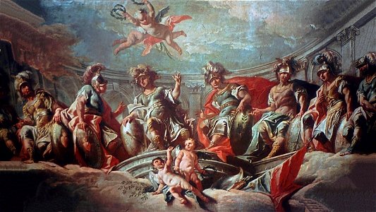 Schwäbisch Hall, Rathaus, Deckengemälde im Trausaal (Heldensaal) Achilles, Patroclus, Hektor, Aeneas, Caesar, Pompejus, Scipio, Hannibal o. Achilles, Patroklos, Hektor, Aeneas, Romulus, Pompeius, Scipio, Fabius