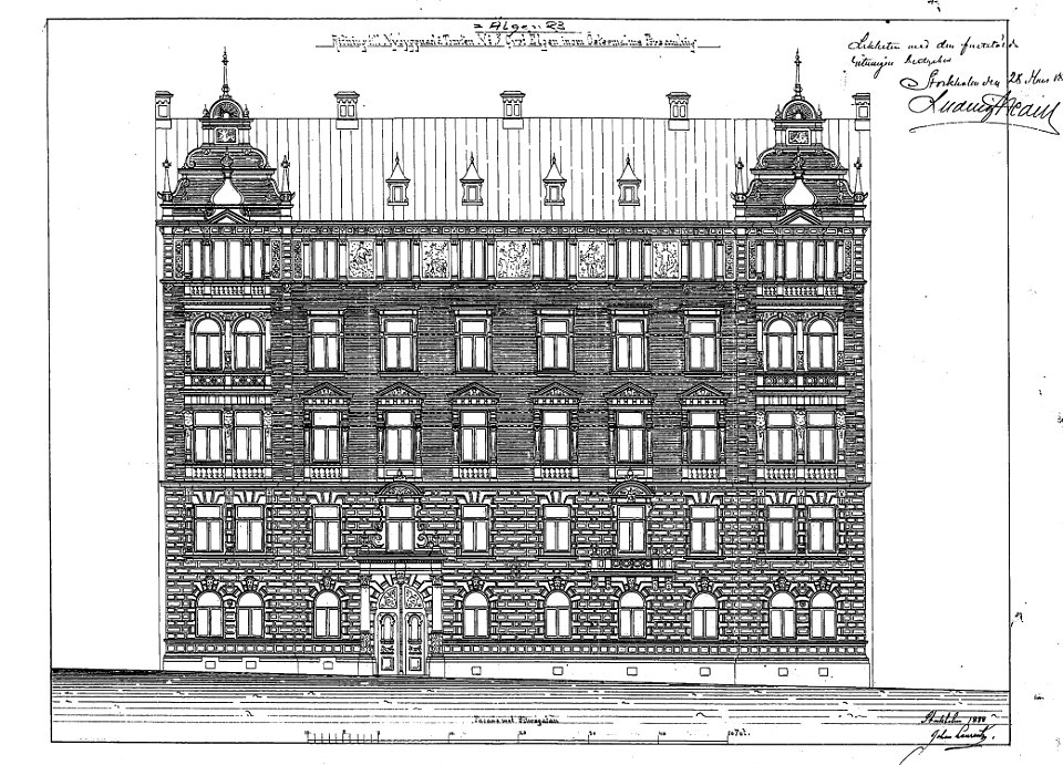 Älgen 23, fasad mot Sturegatan, ritning 1888 - Free Stock Illustrations ...