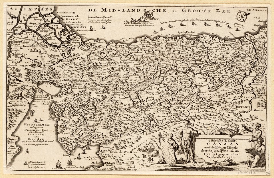 ´t Beloofde. landt. Canaan met de reijsen Israels door de woestijne nieuw lijx uijt gegeven door W. Goeree. 1683, objectnr A 19786