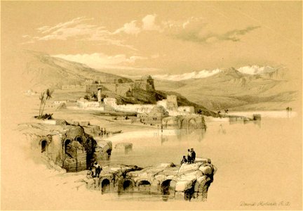 Tiberias from the walls. Safed in the distance. David Roberts. 1855. Free illustration for personal and commercial use.