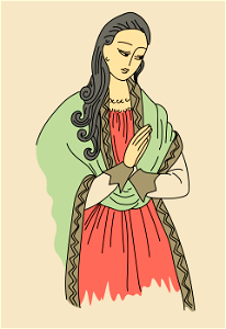 Persian woman wearing green shawl edged with gold gallon. Free illustration for personal and commercial use.
