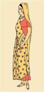 Persian woman wearing yellow gown with red flowers. Free illustration for personal and commercial use.