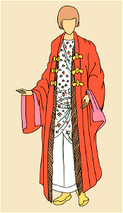 From a Beyegetin costume. Deep red dress ornamented with chestnut fringe and white flowered underdress. Free illustration for personal and commercial use.