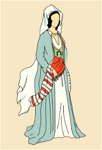 Gala-dress. Gold-embroidered blue cloak with white dress and veil draped green sash and gold pin. Free illustration for personal and commercial use.