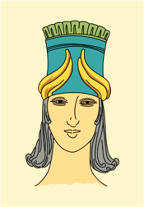 Assyrian hat-shaped coiffure with scrolled trimming about the base and wreath of foliage in the upper part. Free illustration for personal and commercial use.