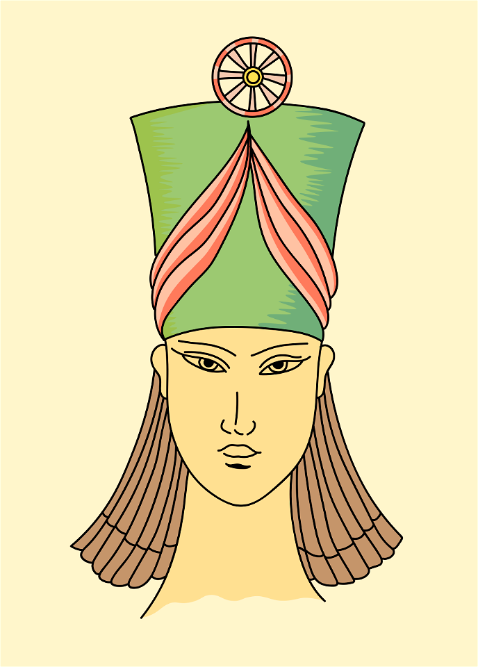 High hat-crown worn by the Assyrians with symmetrical trimming and cockade set in the centre on the top of the hat