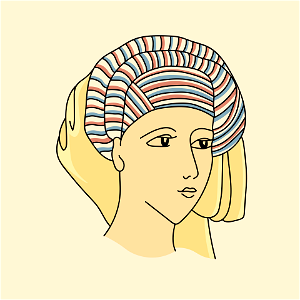Coiffure of a woman on Syrian coast. Striped blue and red on white. Chrome-yellow ribbon coquille hanging behind. Free illustration for personal and commercial use.