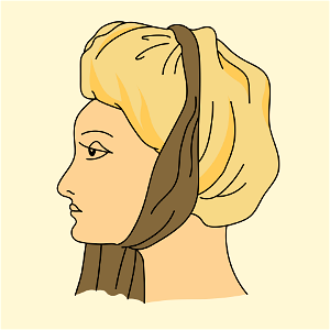 Coiffure of a girl in Andros island. Yellow turban with brown scarf rolled round the face. Free illustration for personal and commercial use.