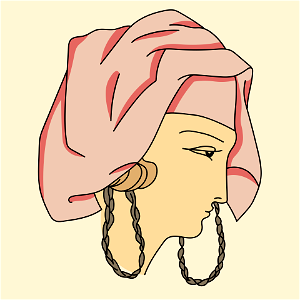 Pink coiffure of a girl in Andros island. Free illustration for personal and commercial use.