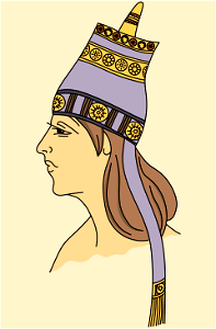 Assyrian royal tiara adorned with rosaces and geometrical lines. Two fringed flaps descend on the sides. Free illustration for personal and commercial use.