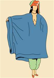 A kind of tunic-smock much worn in Egypt. Broad-cut top with huge sleeves and very long smock reaching down below the knees. Green trousers complete this original suit. Turban. Free illustration for personal and commercial use.