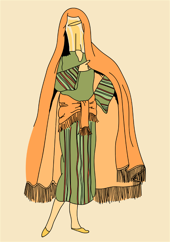Green gown with orange girdle. The dress is adorned with red and yellow stripes. Great orange shawl forming both coiffure and cape. Free illustration for personal and commercial use.