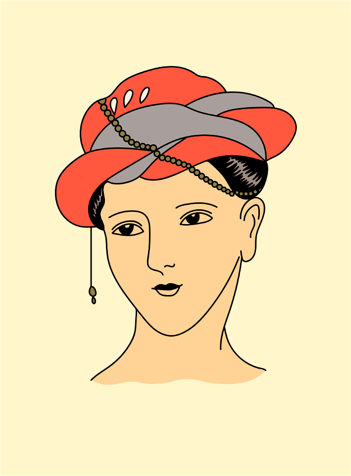 Hindu woman's head with with red hat adorned with a yellow draped chaplet. Free illustration for personal and commercial use.