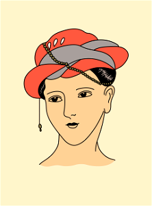 Hindu woman's head with with red hat adorned with a yellow draped chaplet. Free illustration for personal and commercial use.