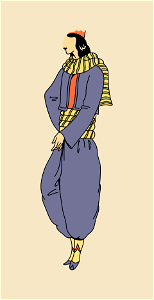 Violet costume with small jacket and loose trousers with large belt. Free illustration for personal and commercial use.