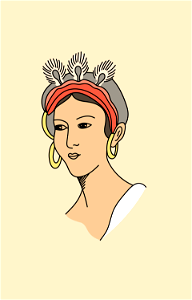 Hindu woman's head. Coiffure with band on the forehead and earrings adorned with three peacock's feathers. Free illustration for personal and commercial use.