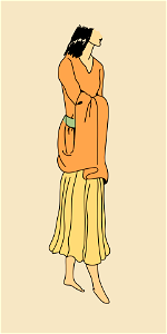 Orange gown lifted up and carried on the arms as shown in the figure. A frequent attitude with Egyptian woman. Yellow under-skirt. Free illustration for personal and commercial use.