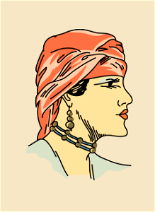 Young fellah woman wearing a red veil rolled up on the head and hadging down the neck. Free illustration for personal and commercial use.