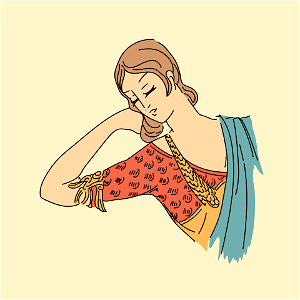 Hindu woman with short sleeve ending with a fringed motif. Cashmere bolero. Free illustration for personal and commercial use.