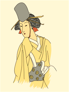 Japanese woman with black cap fixed on the head by means of four long pins and a red chin-strap. Free illustration for personal and commercial use.