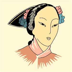 Chinese woman wearing state headdress with large black and gold side comb decorated with pink and blue flowers. Free illustration for personal and commercial use.